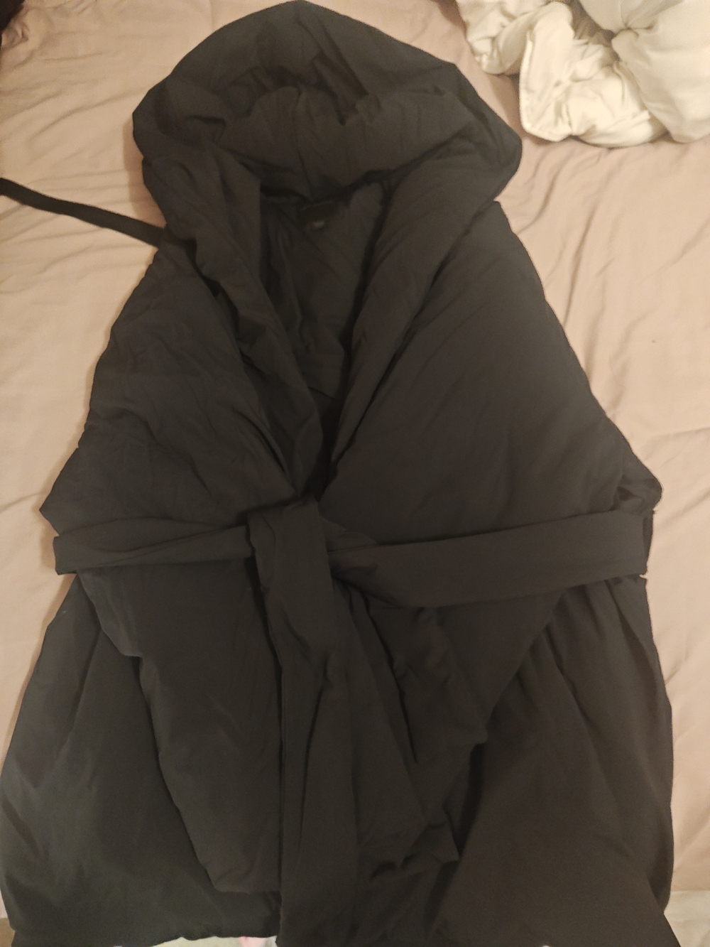 SKIMS Black Hooded Wrap Puffer Coat